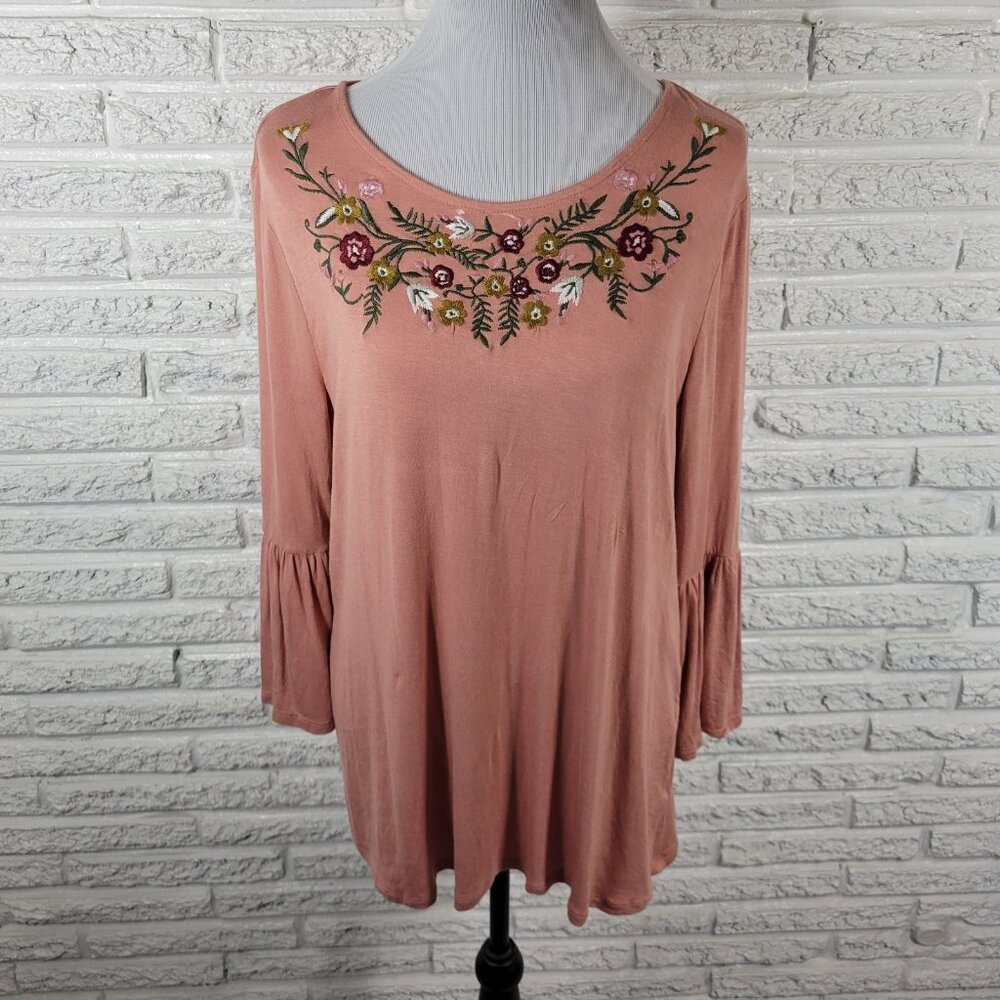 Como Vintage XL Tunic Top Blouse Dusty Rose Pink Floral Embroidered FLO327E